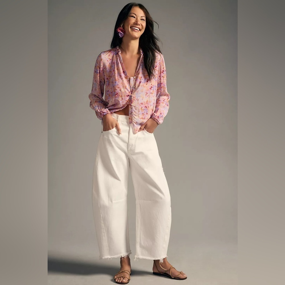 ANTHROPOLOGIE Cloth & Stone Ruffle-Neck Buttondown Watercolor Printed Blouse Top - Picture 2 of 9